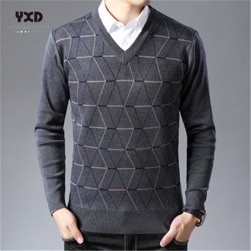 

2020New Fashion Brand Sweater For Mens Pullovers V Neck Slim Fit Jumpers Knit Thick Warm Autumn Korean Style Casual Clothing Men, Khaki