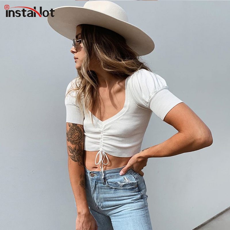 

InstaHot Puff Sleeve Drawstring Ruched T-shirt Ribbed Knitting Cropped Top Summer Short Sleeve Casual Retro Women White Top 2020, Blue