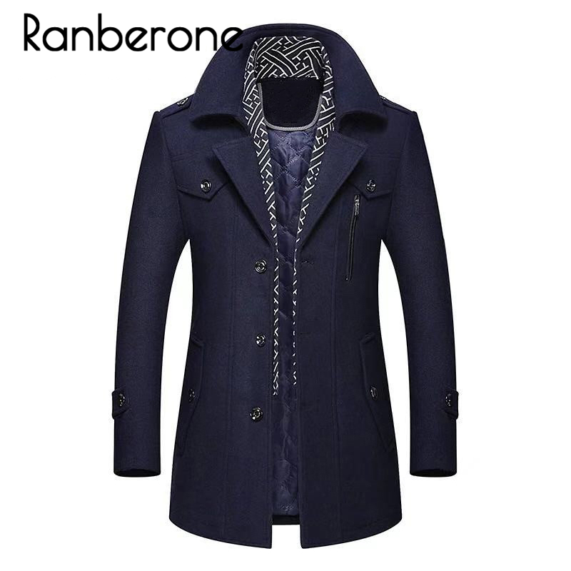 

Ranberone Men Winter Wool Coat 2019 Men's New Casual Brand Solid Color Wool Blends Woolen Pea Coat Male Trench Overcoat, Brown