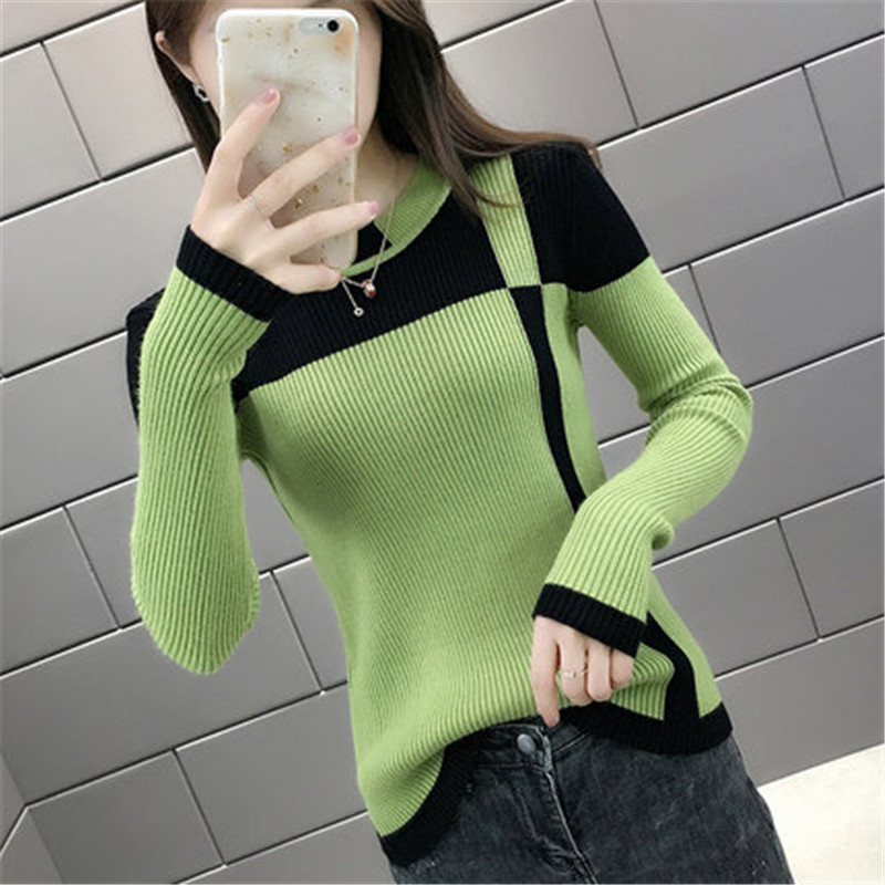 

Spring 2019 New Fashion color matching Knit Sweater Female Autumn Winter Korean O neck Pullover Slim Shirt Women XA211, White