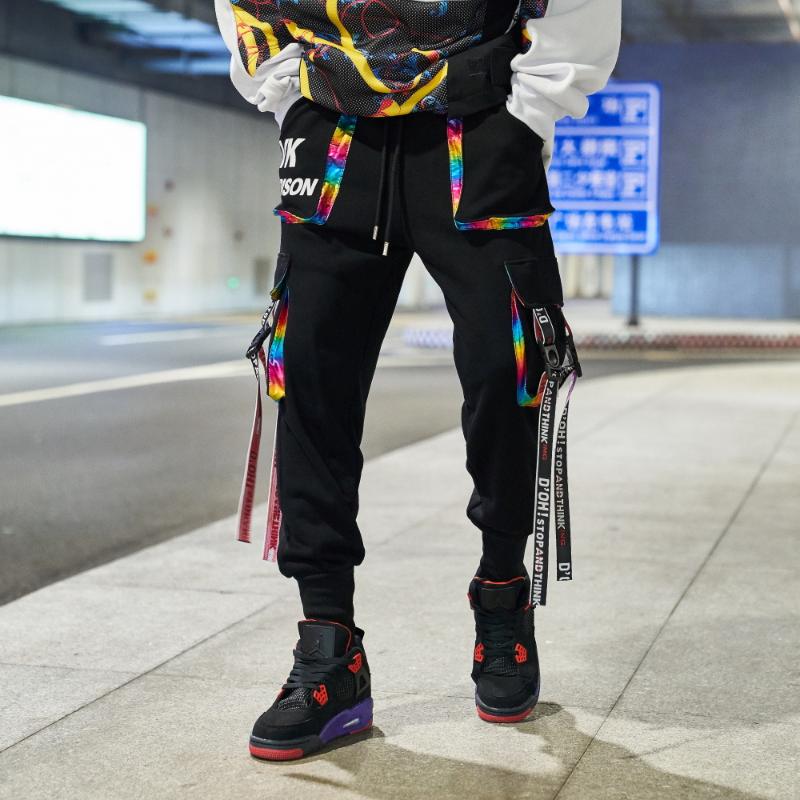 

Men's Harlan casual sweatpants ribbon hip-hop street trousers, Black