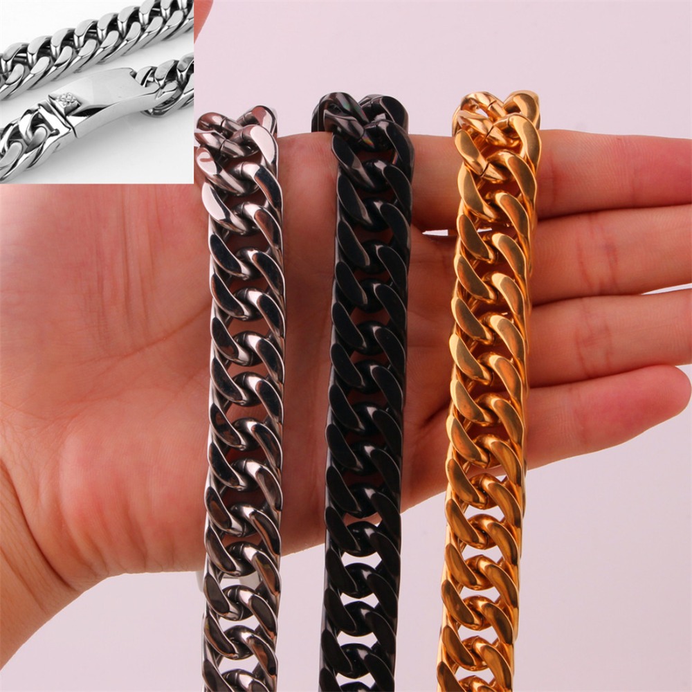 

Customized 15mmWide Mens Boys Heavy Necklace or bracelet Curb Cuban Link Silver/gold/Black Tone Stainless Steel Necklace Jewelry