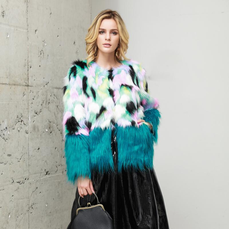 

Faux Fur Coat Women' Autumn Winter Female Jacket Boho Faux Fur Outerwear Splice Cardigan Loose O-neck Pocket Coat, Green