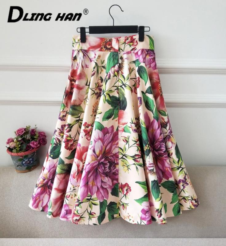 

DLINGHAN Fashion rose Print A-Line Skirt Elegant High waist Big swing Skirts Spring Summer Women' New, Multi