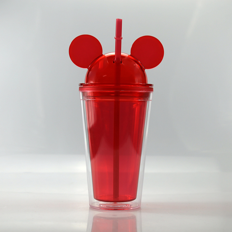 

450ML Mouse Ear Tumbler Acrylic Tumbler 8 Colors Double Wall Kids Tumbler with Dome Lid and Same Color Straw Cute Kids Water Bottle, Clear