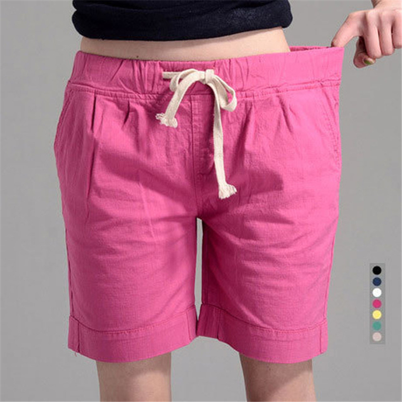 S-3XL 2018 Summer New Fashion Loose Cotton Linen Elastic Waist Women Bermuda Half Long Basic Shorts Plus Size Candy Colors Y200512