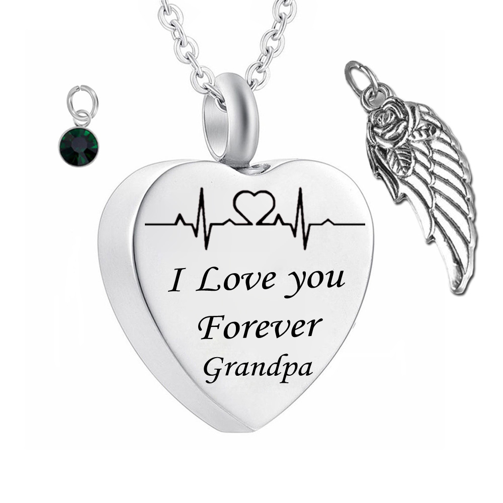 

I love you forever grandpa Birthstone Ashes heart Pendant Memorial Urn Necklace Angel Wing Stainless Steel Waterproof Cremation Jewelry