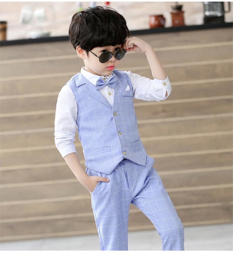

10Y Vest+Pant+Shirts+Tie Boys Suits Set Casual Children's Clothes, Blue