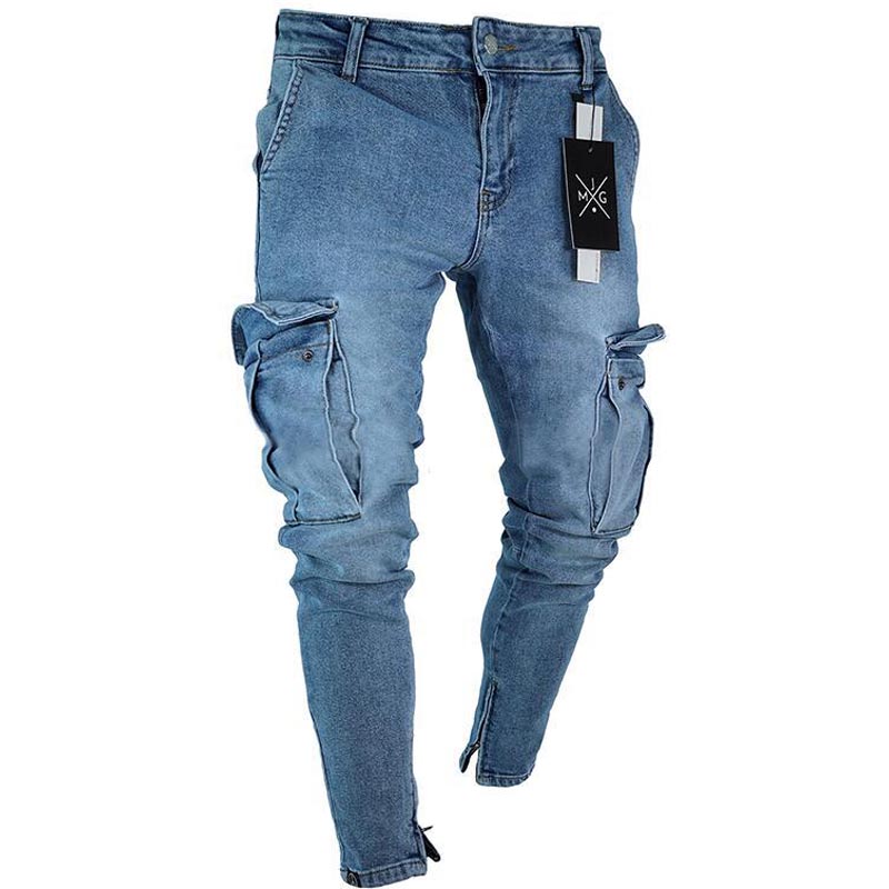 

2019 hot sale mens jeans with side pockets black blue skinny denim pants ripped slim-fit trousers mens denim overalls