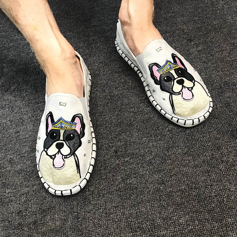 

Rosetic Man's Shoes Casual Retro Comfortable Handmade Cloth Color Ghost Face Embroidery Flower Bean Shoes Male Spirit Guy Shoes, Chocolate
