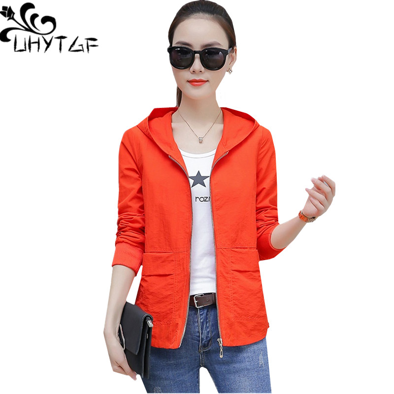 

UHYTGF -4XL oversized spring autumn jacket womens fashion zipper hooded short outerwear Female loose plus size jacket Lady 1129, Black