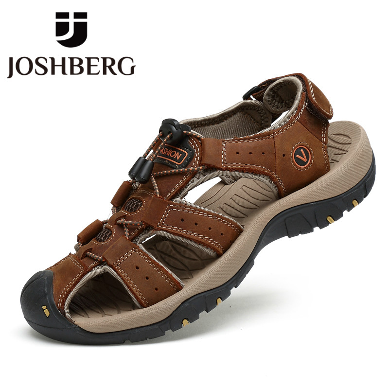 

JOSHBERG Slippers Large Size Beach Fashion Hard-Wearing Sandals Genuine Leather Sandal Men Shoes Zuecos Hombre, Brown
