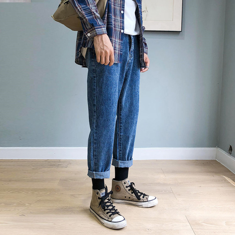

Blue Straight Jeans Men' Fashion Washed Retro Casual Jeans Men Streetwear Wild Hip-hop Loose Korean Denim Trousers Mens -2XL, Light blue