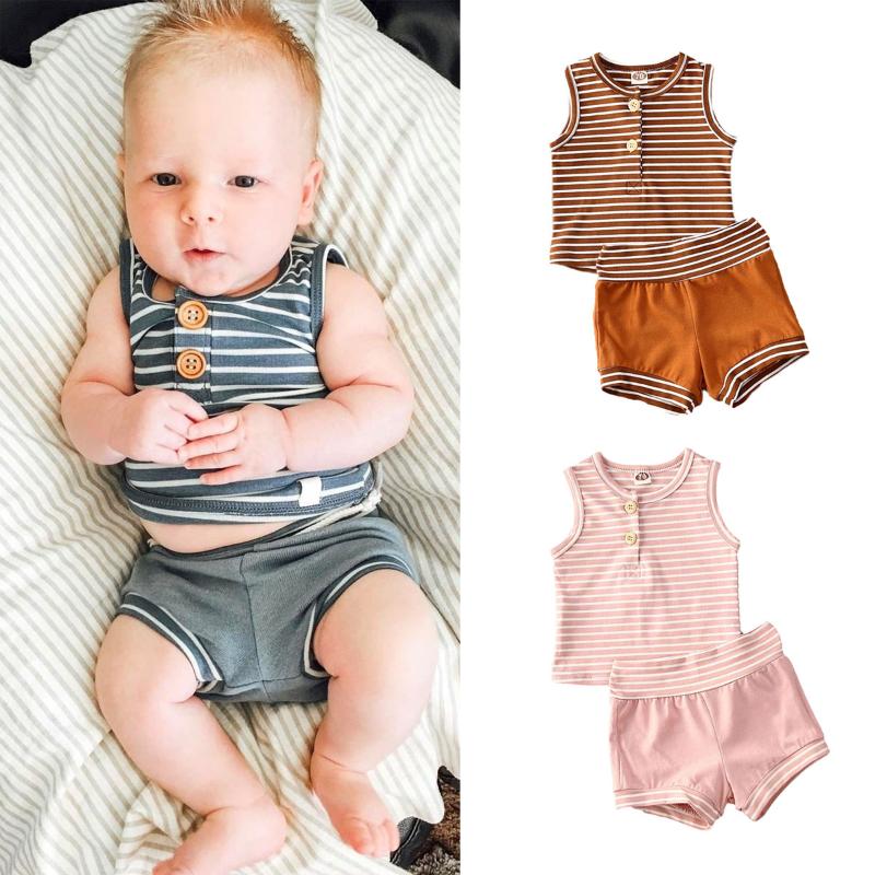 

Summer Infant Baby Girl Boy Clothes Sleeveless Striped Button Vest Top+Shorts 2pcs Casual Baby Outfit Clothing Sets, Gray