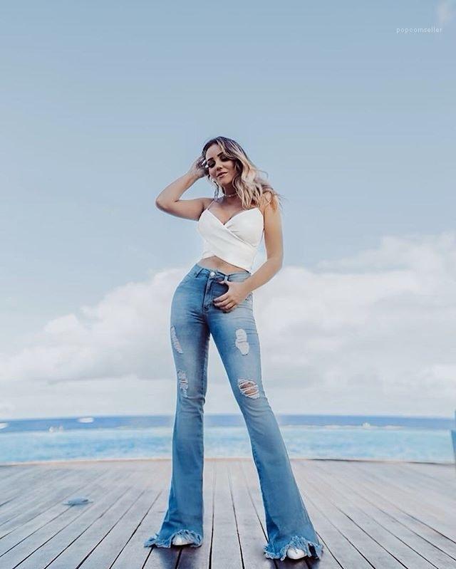 

Ripped Bleached Jeans Ladies Elastic Waist Long Pants New Fashion Designer Women Flare Jeans Summer High Waist Light Blue Skinny