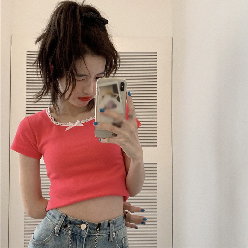 

Korean Style Summer T Shirt Women's Tee Fashion Lace Trim Bow Square Collar Tops Slim Solid Short Sleeve Knitted T-shirt, Yellow