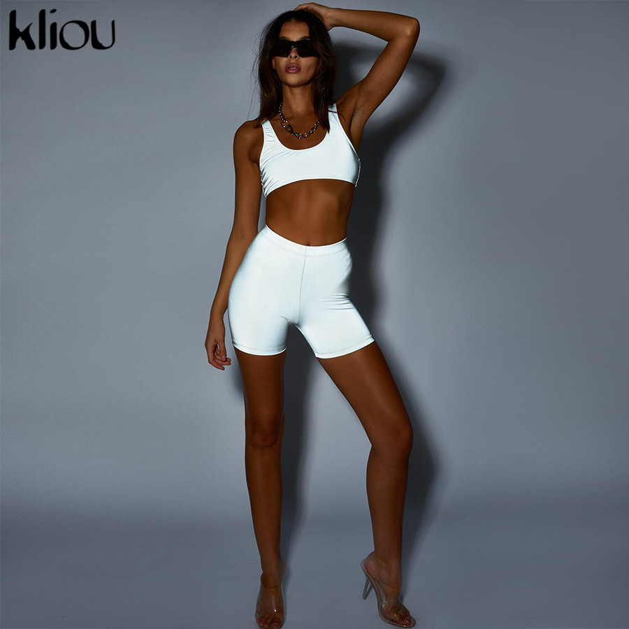 Kliou nouvelles femmes courtes réfléchissantes ensembles de deux pièces d'argent Active Wear bretelles courtes soutien-gorge de sport taille élas