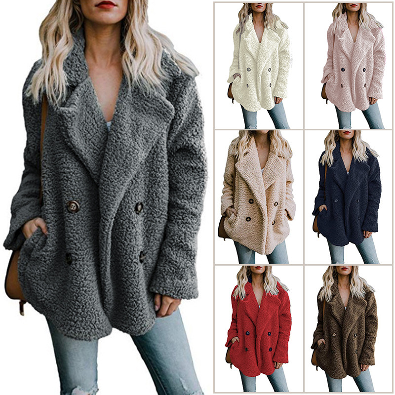 

Women winter jacket 2019 fashion new double-breasted sweaters lapel loose fur jacket women outwear women coat ladies jacketn coat ladies, Dark grey