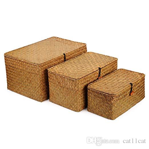 

Rectangular Handwoven Seagrass Storage Basket with Lid and Home Organizer Bins, Set of 3 (Set of 3 (S+M+L)