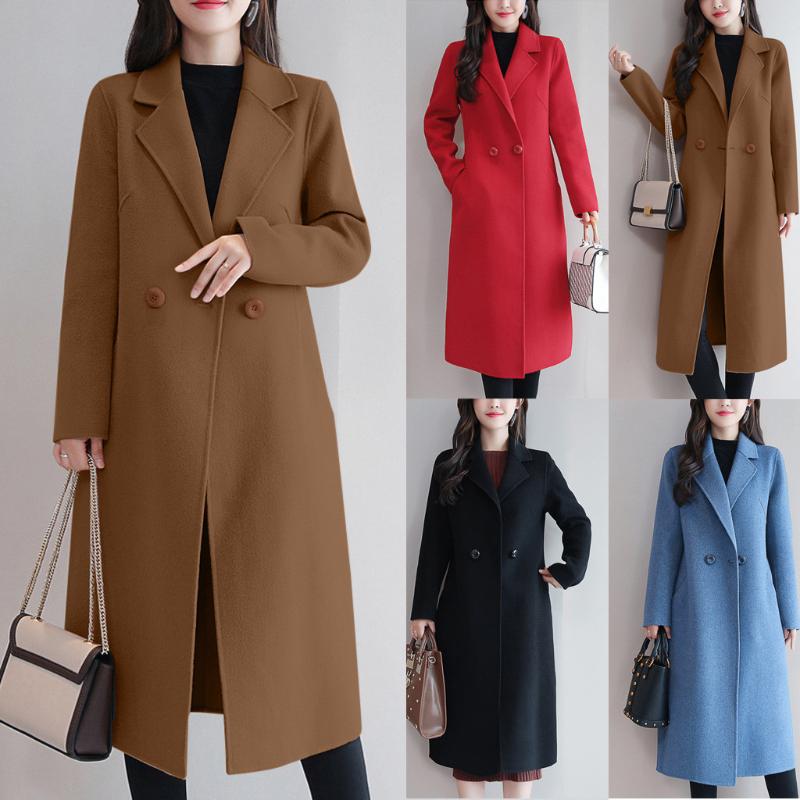 

New 2019 Blends Woolens Overcoat Female Coat Autumn Winter Coats Women Casual Button Coat Elegant Long Sleeve Work Jacket, Black