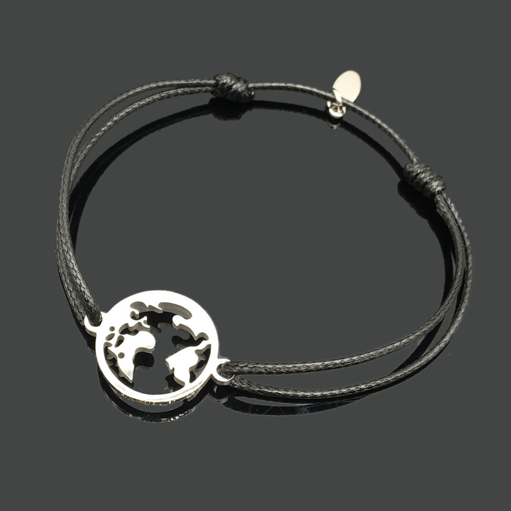 

World Map Stainless Steel Can Adjust Rope Bracelet World Map Charm Bracelet