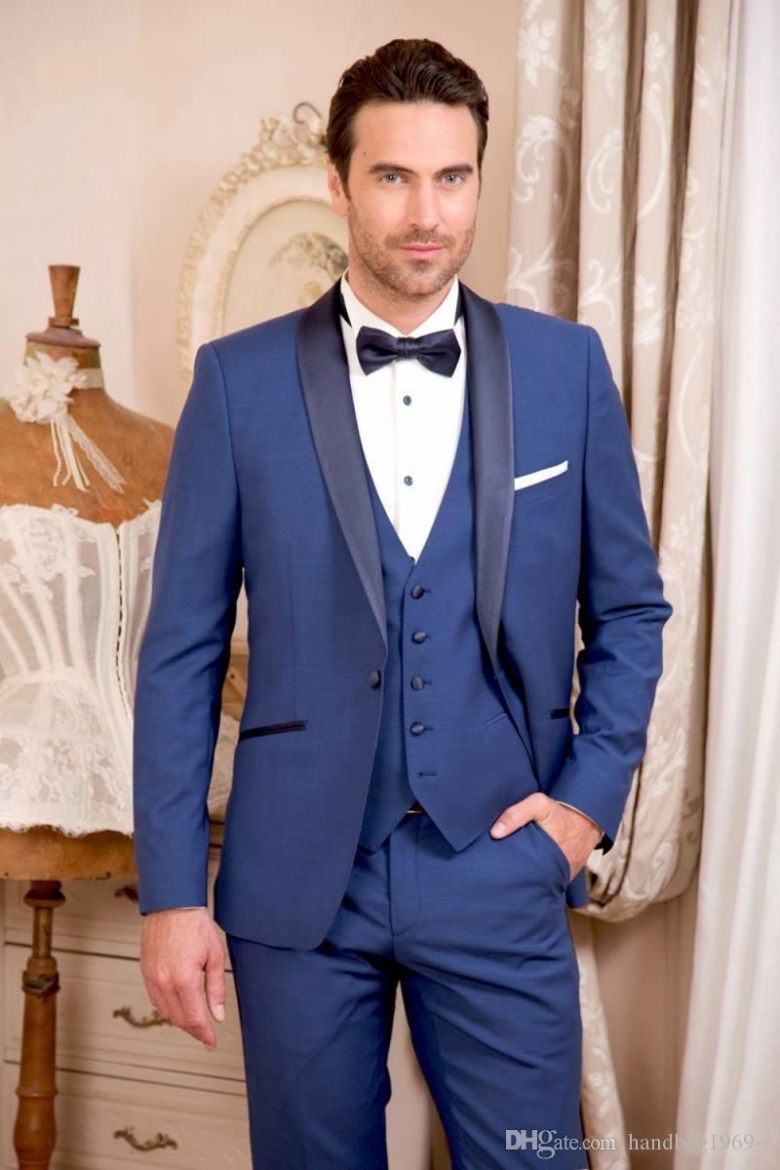 Un bouton bleu royal marié Tuxedos châle revers garçons d'honneur meilleur homme Blazer hommes costumes de mariage (veste + pantalon + gilet + cr