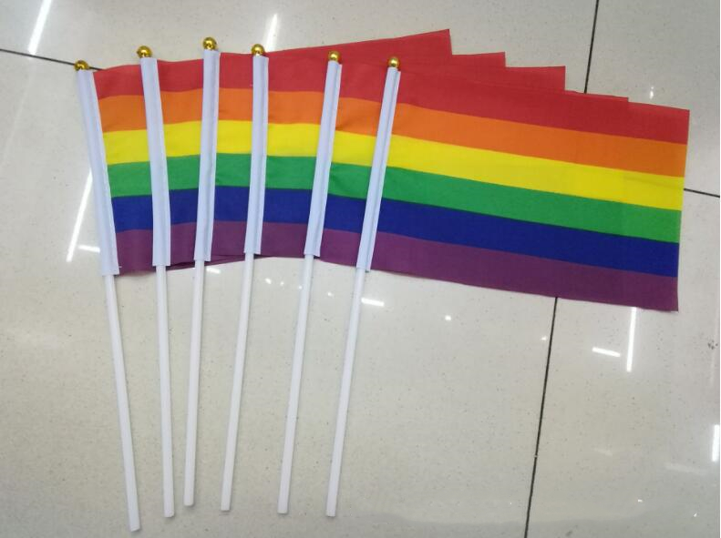 

Gay Pride Stick Flag 14*21cm Hand Mini Flag waving flags handhold using With gold Top-Z086