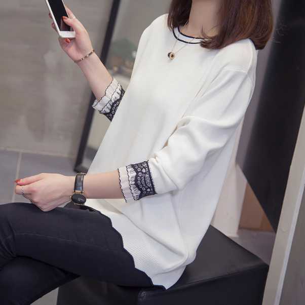 

Plus Size Splice Color Wave Knitted Tops 2020 Autumn Winter Clothes Loose Lace Trim Pullovers Sweaters Oversize Jumper DA827, Black