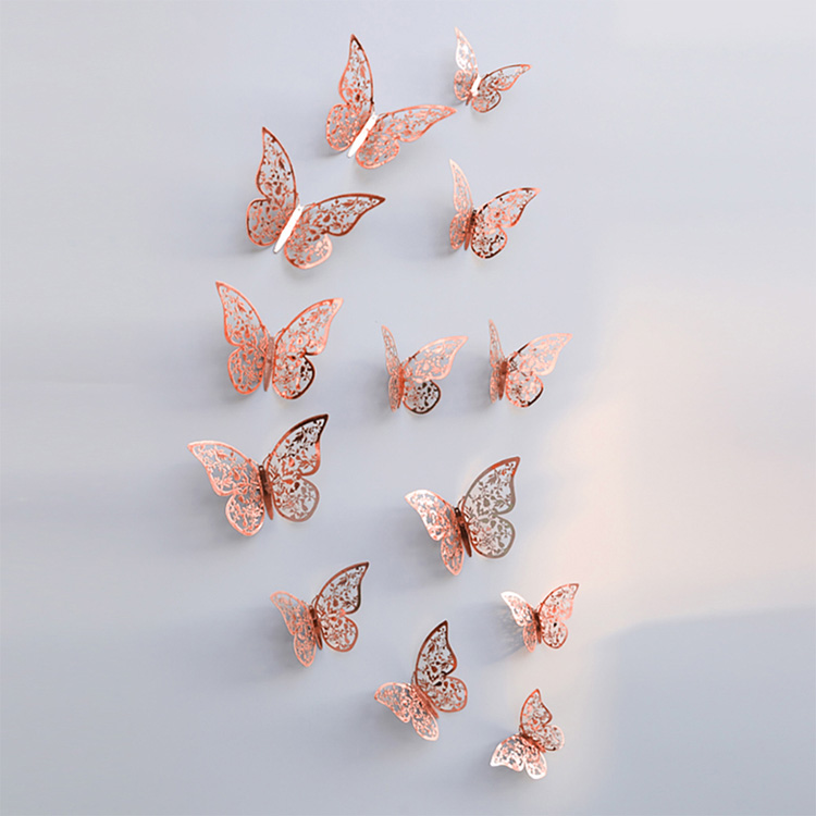 

12pcs/set Rose gold 3D Hollow Butterfly Wall Sticker for Home Decor Butterflies stickers Room Decoration for Party Wedding Decor