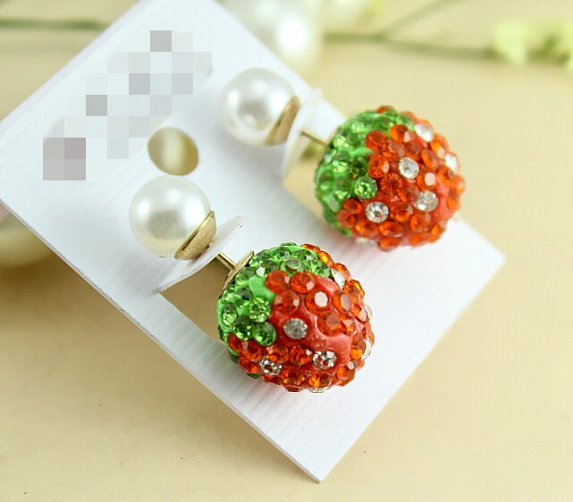 

Wholesale- Strawberry crystal Beads Earrings Double Side imitation Pearl Piercing Stud earrings for women And Girls RR723