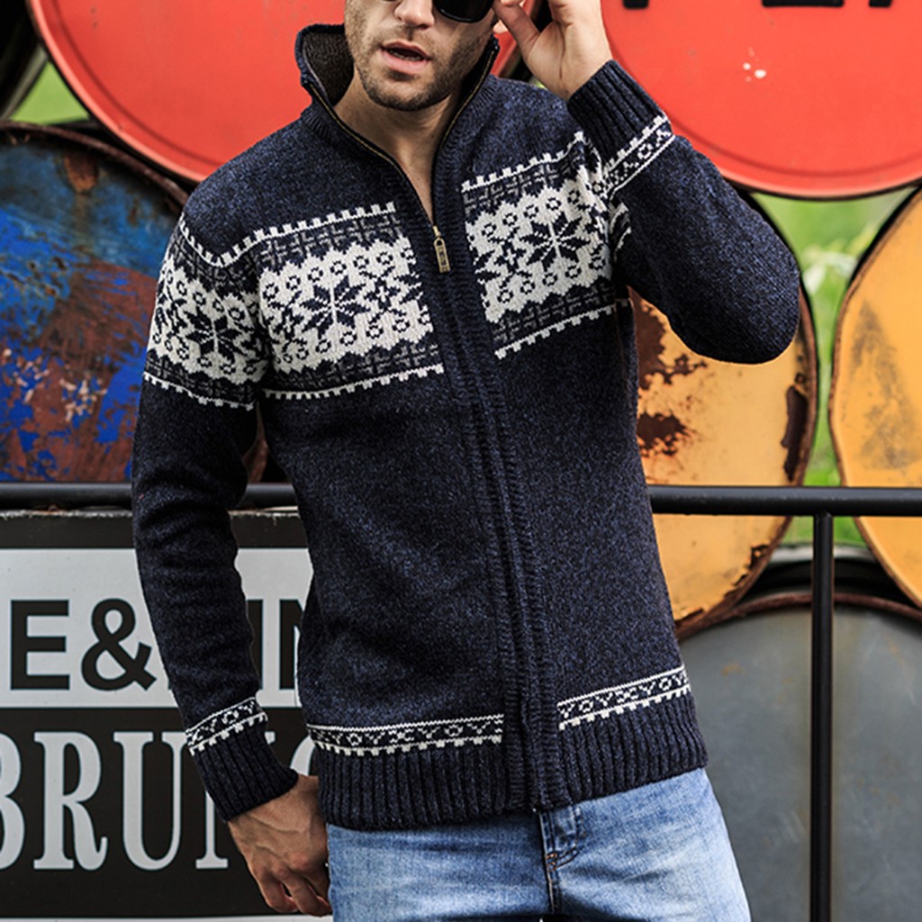 

Tide Men Stand Collar Knitted Cardigan Jackets Sweater Fashion Printing Zipper Coat Chamarra Hombre, Beige