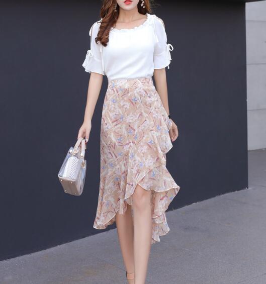 

Floral skirt skirt ruffled bag hip wholesale asymmetric mid chiffon, As pic