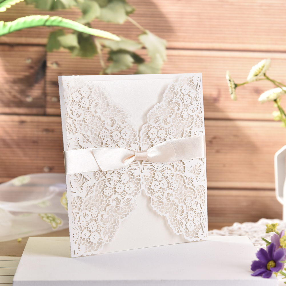 

10pc/lot White Hollow Laser Cut Wedding Invitations Elegant Engagement Wedding Invitation Card With Ribbon Free Envelope Seals