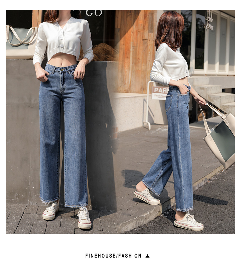 

Dark Blue Spring New Tall Waist Loose Thin Straight Jeans Trousers Children Joker