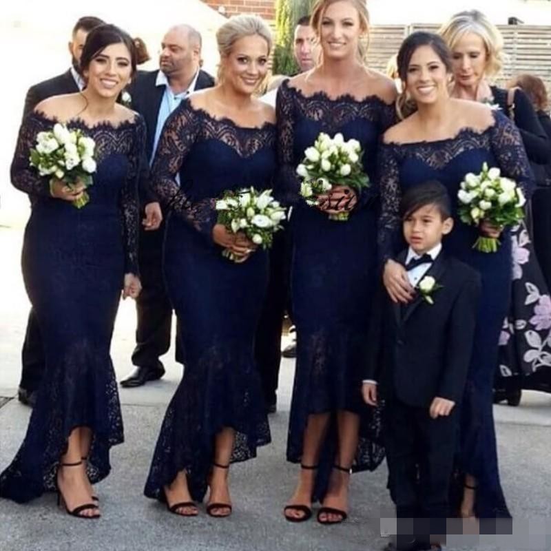 

Navy Blue Lace Mermaid Bridesmaid Dresses High Low 2020 Newest Off the Shoulder Long Sleeves Scalloped Neck Plus Size Maid of Honor Gown