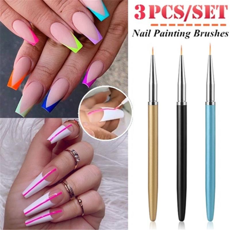

3Pcs/Set Nail Art Lines Painting 6mm/8mm/11mm Brush UV Gel Polish Acrylic Pen Nails Tips Stripe Flower Design Manicure Brushes