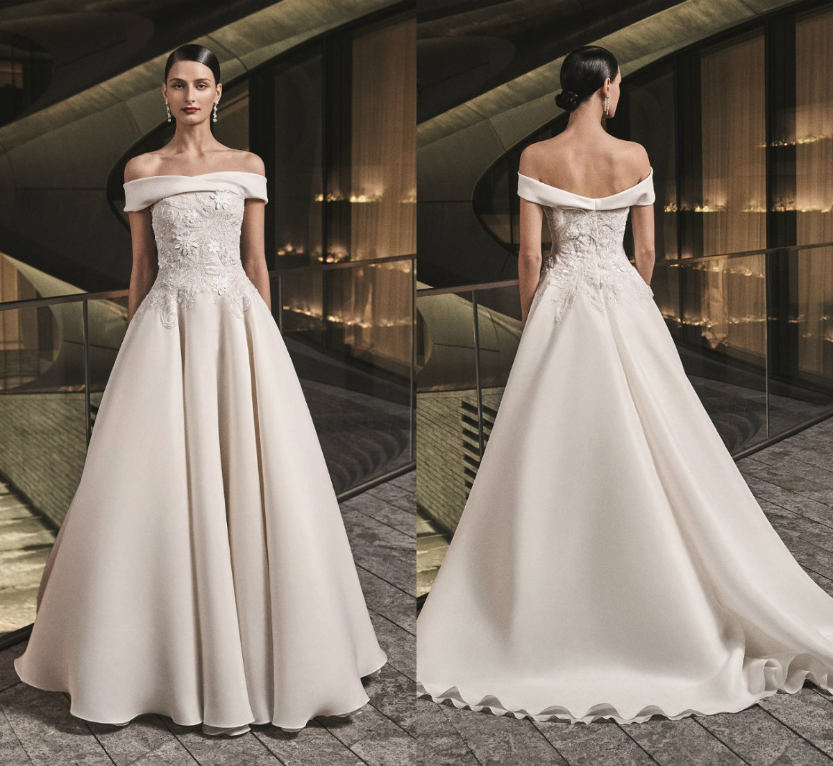 

2019 Naeem Khan Beach Wedding Dresses Off The Shoulder Matte Satin Lace Appliqued Country Bridal Gowns A Line Sweep Train Boho Wedding Dress, Silver