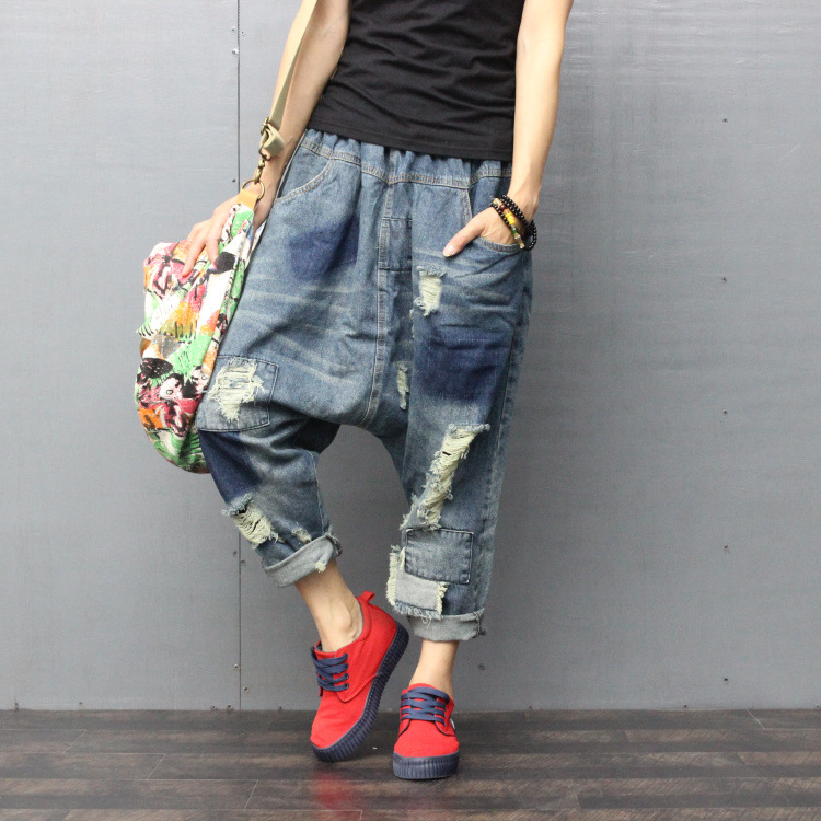 

Women Spring Scratched Vintage Ripped Harem Pants Jeans Denim Trousers Ladies loose Elasitc Waist Distressed Denim Pants, Blue