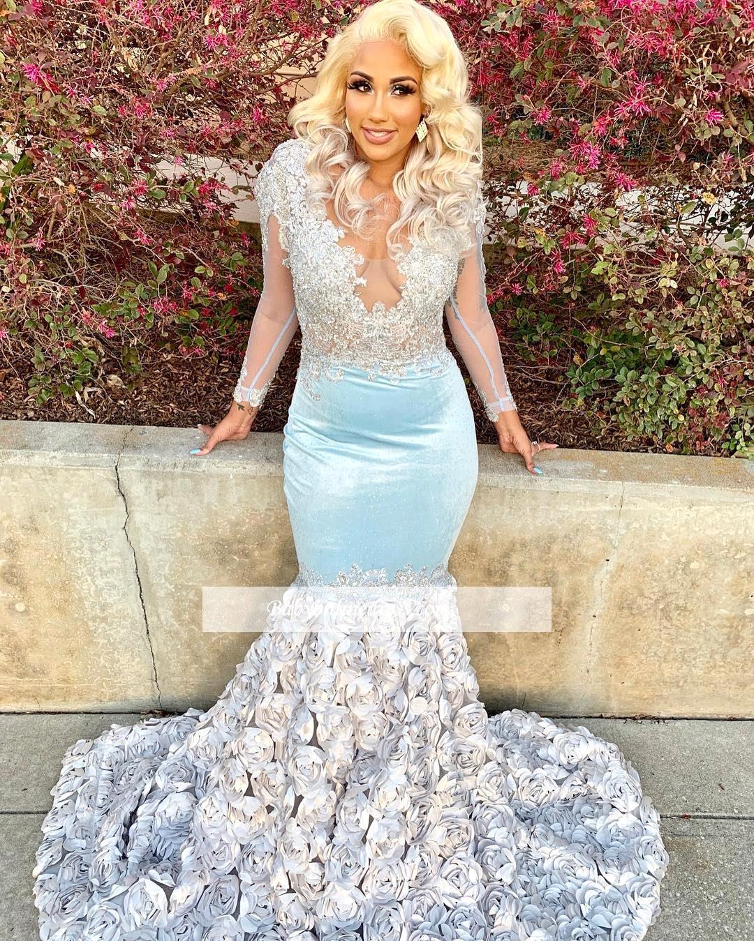 

2019 Sexy African Long Sleeve Mermaid Prom Evening Dress Blue Appliqued V Neck Formal Party Pageant Dresses Long Gown Custom Made BC1467, Royal blue