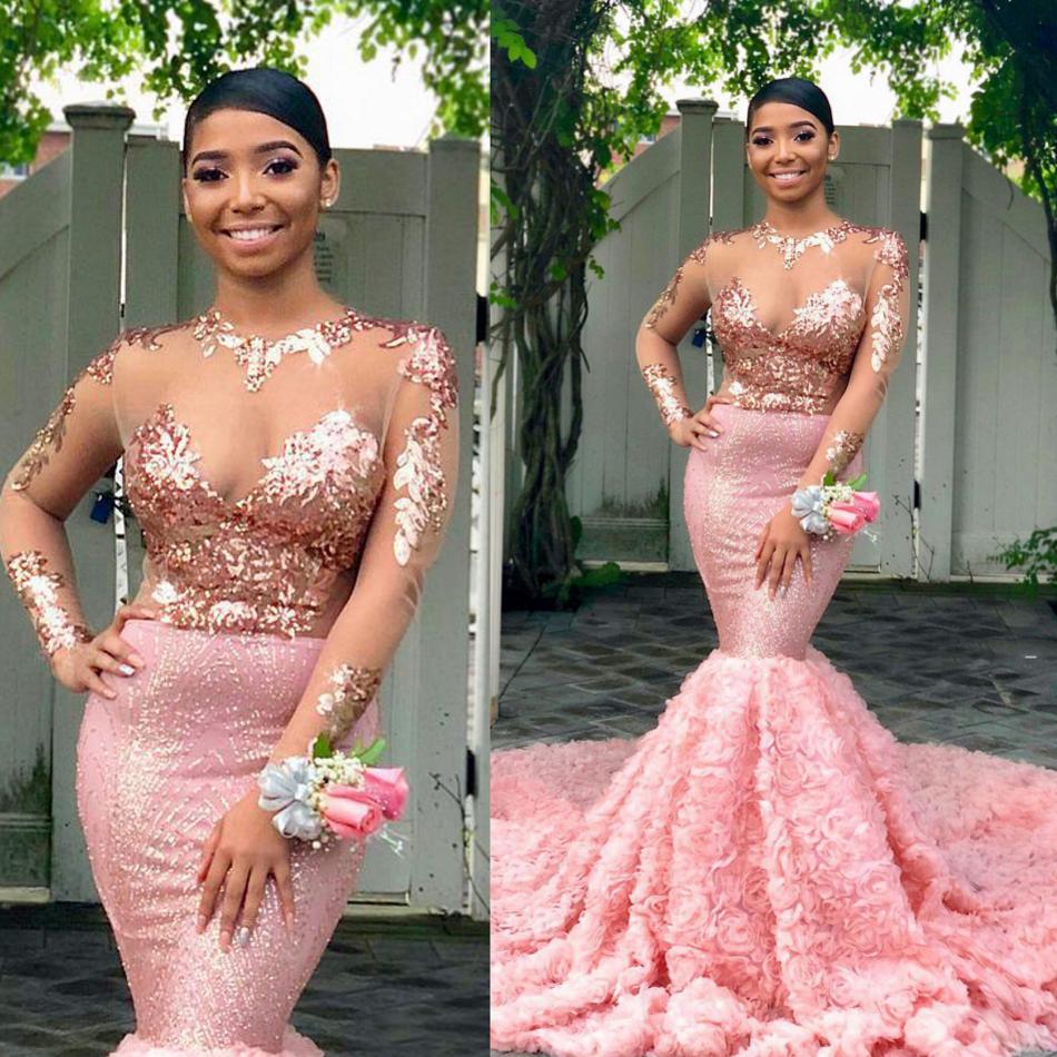 

Luxury Pink Mermaid Prom Dresses Jewel Sheer Neck Black Girls Sexy Illusion Long Sleeves Evening Dress Appliques Sequined Party Gowns, Water melon