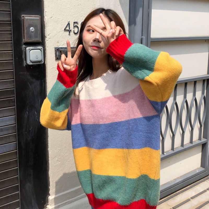 

Harajuku Rainbow Striped Sweaters Women Knitted Autumn Korean Pullovers Sweet Long Sleeve Warm Fall Clothes Jumpers