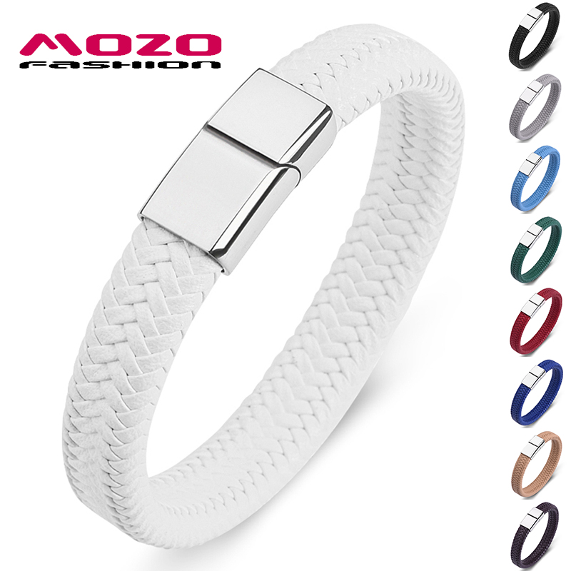 

Fashion Punk Men Jewelry White Braided Leather Bracelet Stainless Steel Magnetic Clasp Fashion Women Bangles