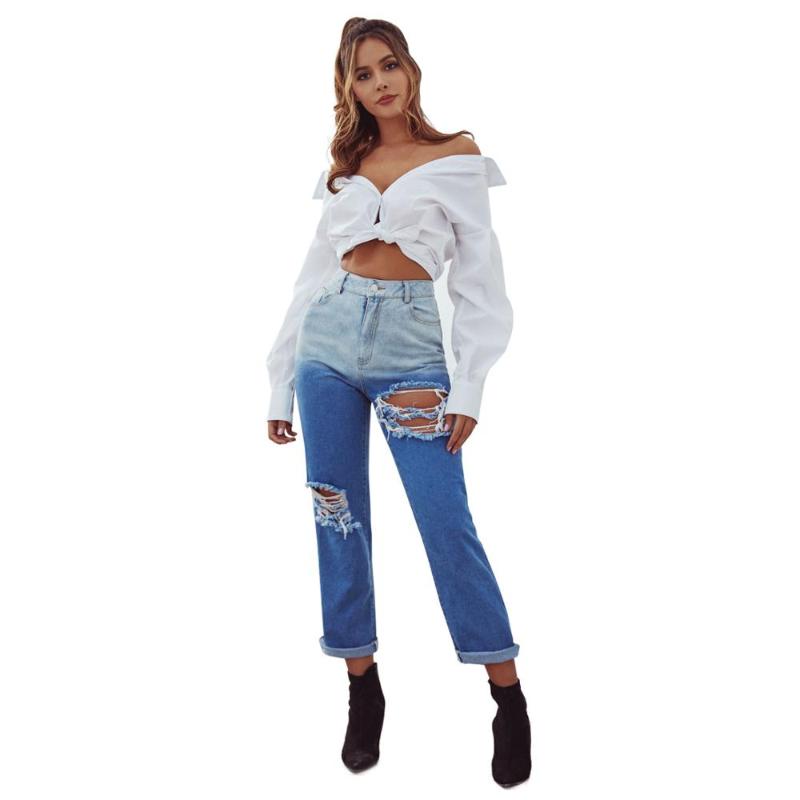 

High waist women's jeans hot sale jeans casual women's trousers flanging gradient milled holes, Btyxfs--e-30096--1
