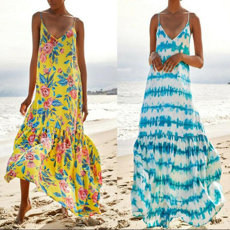

Fashion Women Summer Sleeveless Sling Dress Beach Print Boho Long Dress V-neck