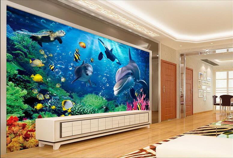 

3d wallpaper custom photo Blue underwater world dolphin TV background wall living room Home decor 3d wall muals wall paper for walls 3 d, Customize