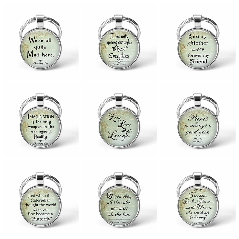 

Fashion Jewelry Alice In Wonderland Key Chains Cheshire Cat Funny Quote Jewelry Glass Cabochon Keychain Gift For Friends