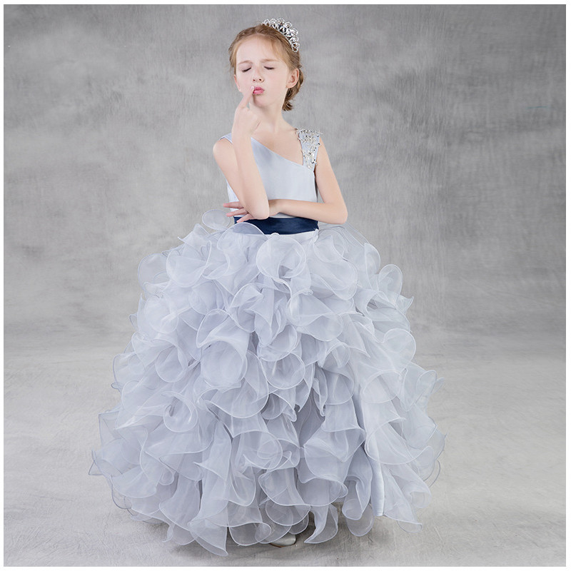 

Grey Organza Ball Gown Girls Party Dresses with Ribbon Floor Length Kids Birthday Dress Baby Girl Clothes, Gray
