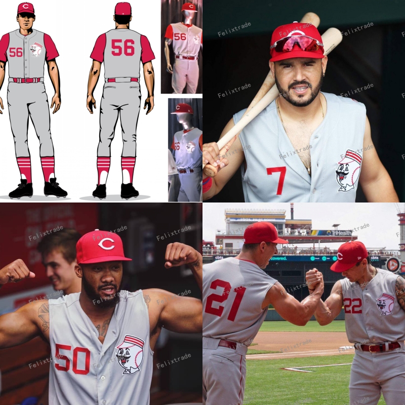 

Cincinnati 1956 Road Sleeves Jersey Throw back Eugenio Suarez 66 Yasiel Puig Jose Iglesias Joey Votto Kemp Winker Dietrich Barnhart Reds Jerseys, Felx base grey