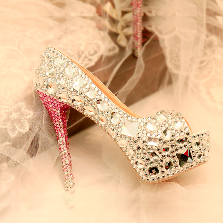 

Luxury crystal Peep toe Women wedding shoes super high heels Fish Toe fashion shoes woman High heels real leather Platform shoe, 8cm shoe