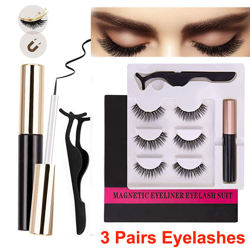 

Makeup Magnetic Eyeliner With Magnetic Eyelashes and Tweezer 3 Pairs Magnetic False Eyelashes Liquid Eyeliner Set Reusable Lashes No Glue